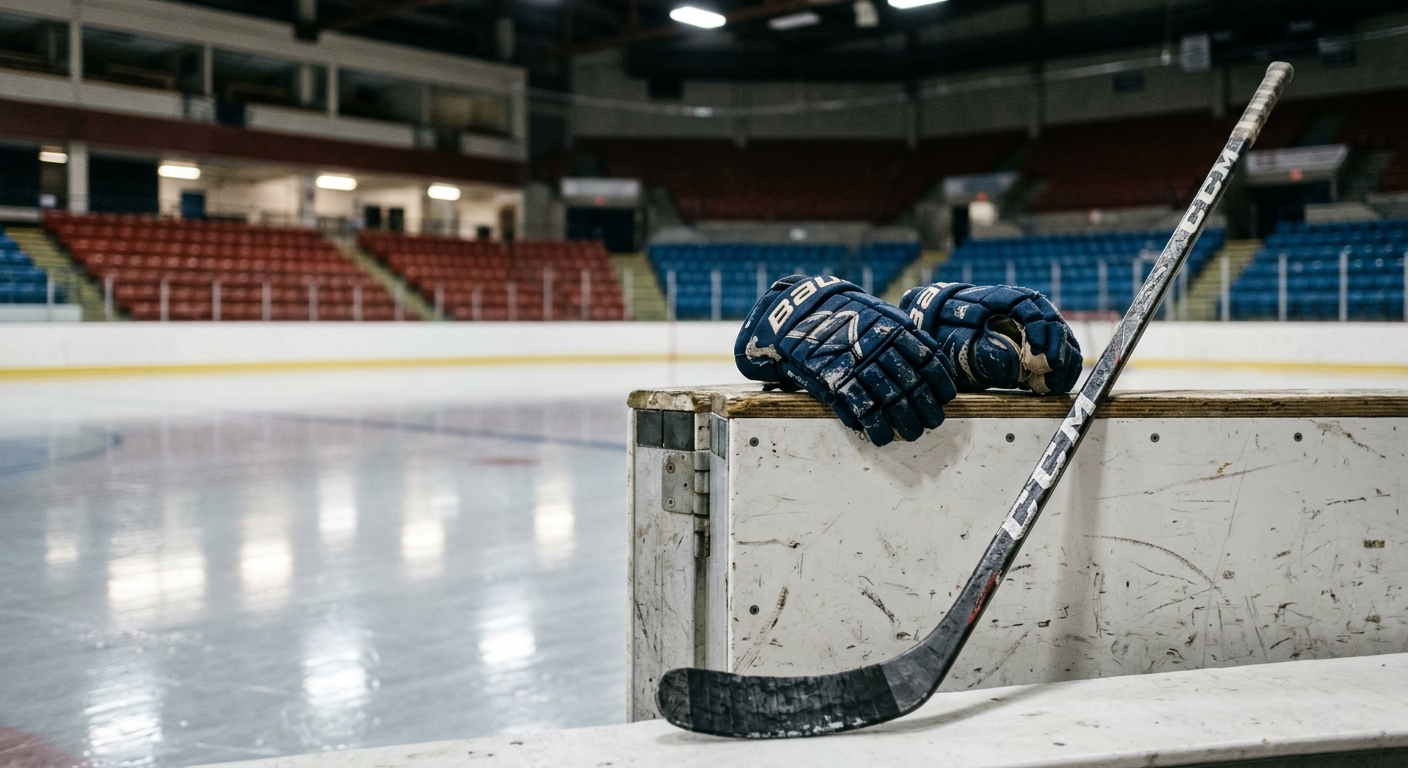 a pair of well-worn hockey gloves and a composite stick resting against the white boards of an indoor ice arena, a freshly flooded sheet of ice reflecting overh