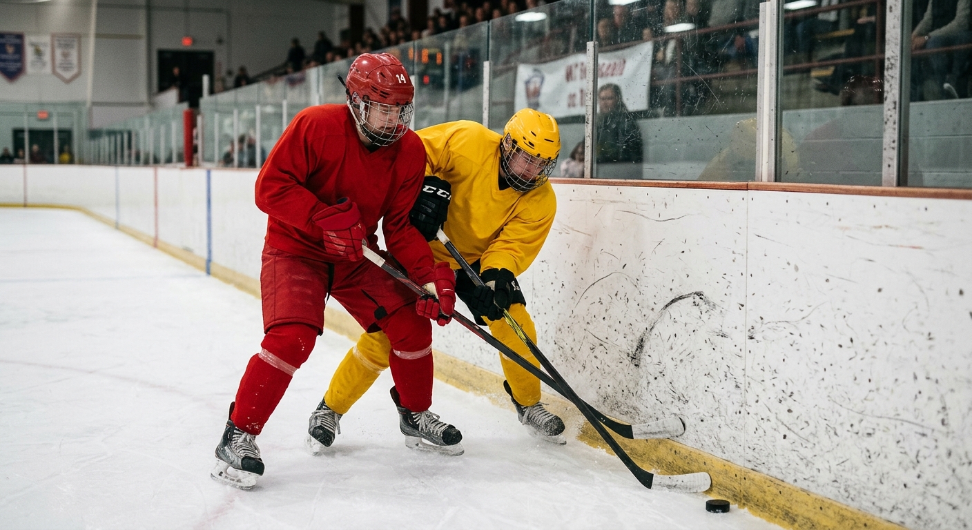 two ice hockey players, one wearing a plain red jersey and the other in a plain yellow jersey, battling for a black puck along the scuffed white boards of an in