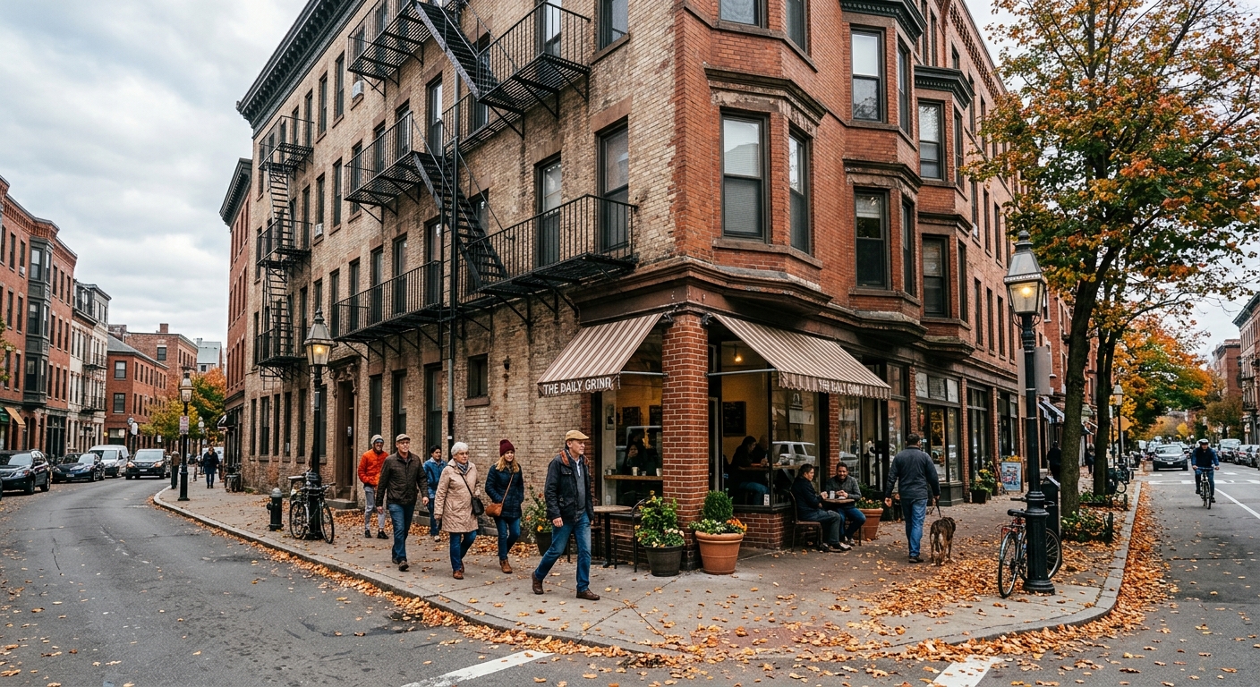 an everyday street corner featuring classic brick buildings with exterior wrought-iron staircases, scattered autumn leaves on the sidewalk, and a few pedestrian