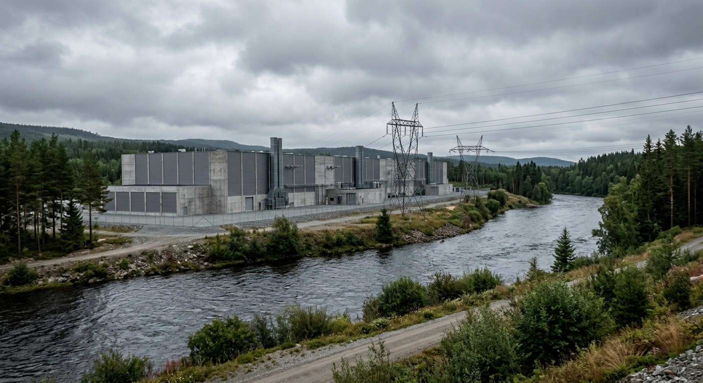 a large, windowless industrial data center facility situated near a flowing river and heavy electrical transmission towers in a chilly, overcast landscape with