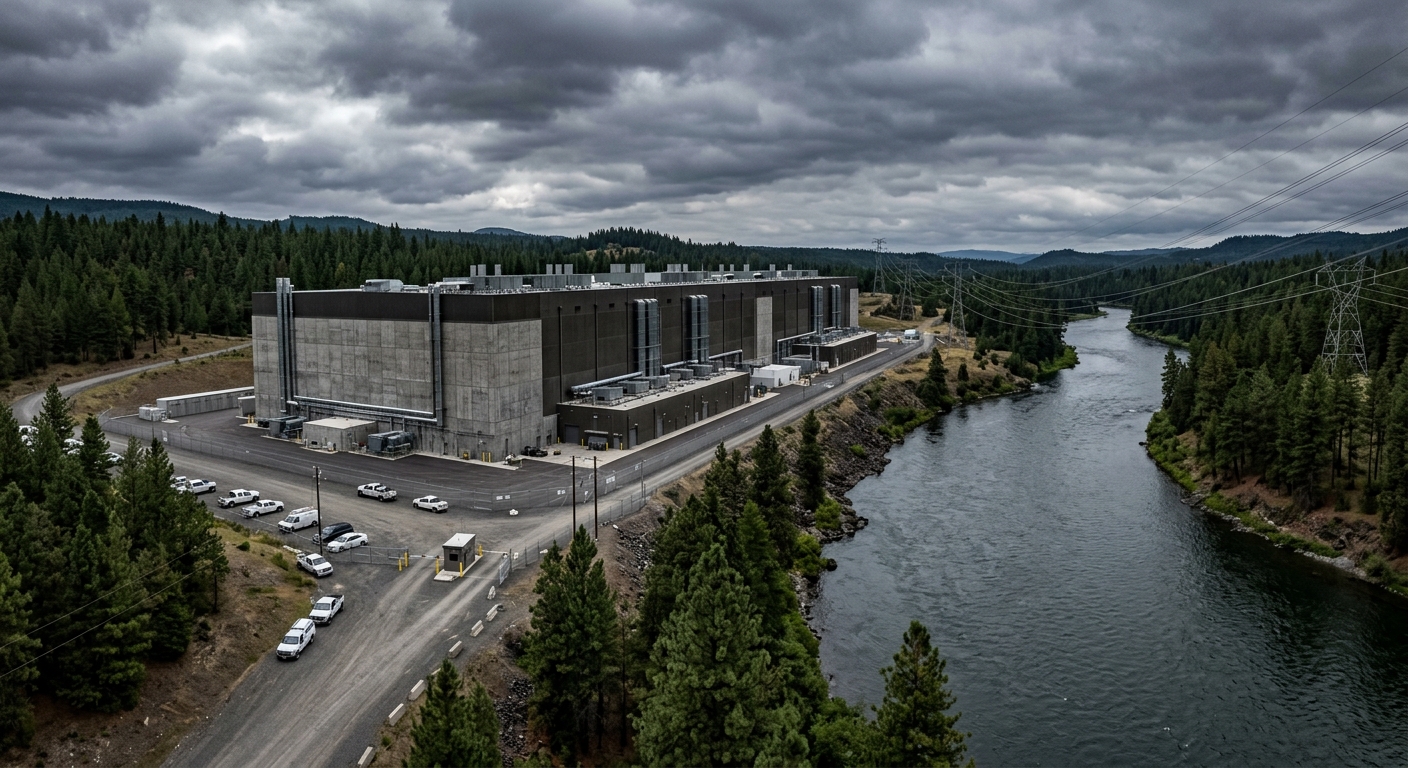 a massive windowless industrial data center facility situated near a wide flowing river and dense pine trees under an overcast sky, with heavy high-voltage powe