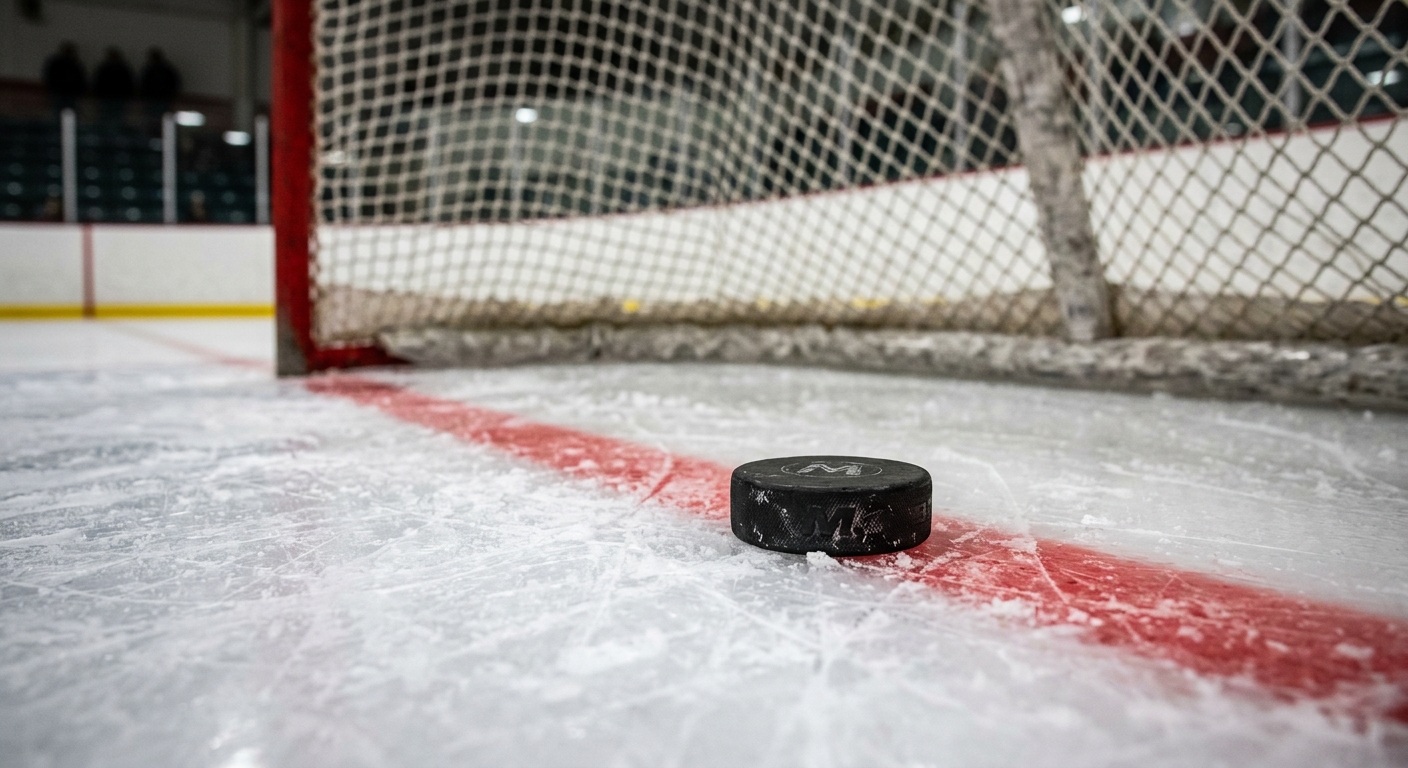 a black hockey puck resting on scuffed white ice near a red goal line, with the blurred white netting of a hockey goal in the background, natural everyday light
