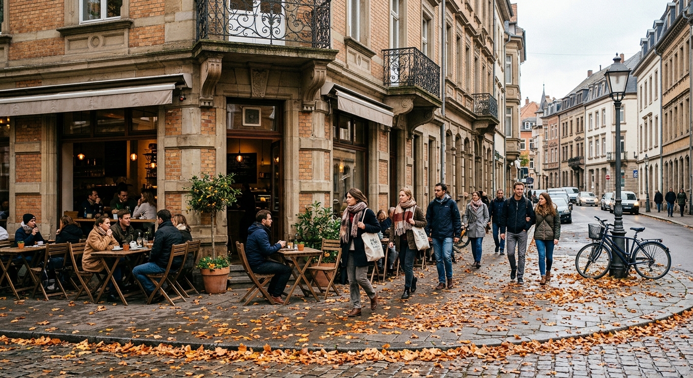 a lively street corner in a historic neighborhood with classic stone and brick architecture, featuring an outdoor cafe terrace and fallen autumn leaves on the s