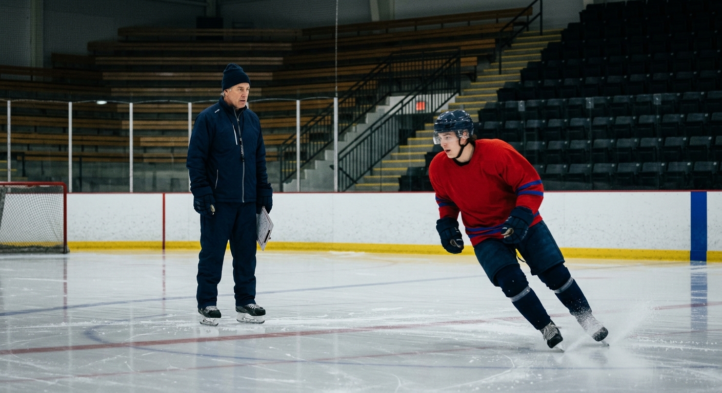 an ice hockey coach in a dark winter track suit standing on an indoor ice rink, watching a player in a blank red and blue practice jersey skate by, local arena