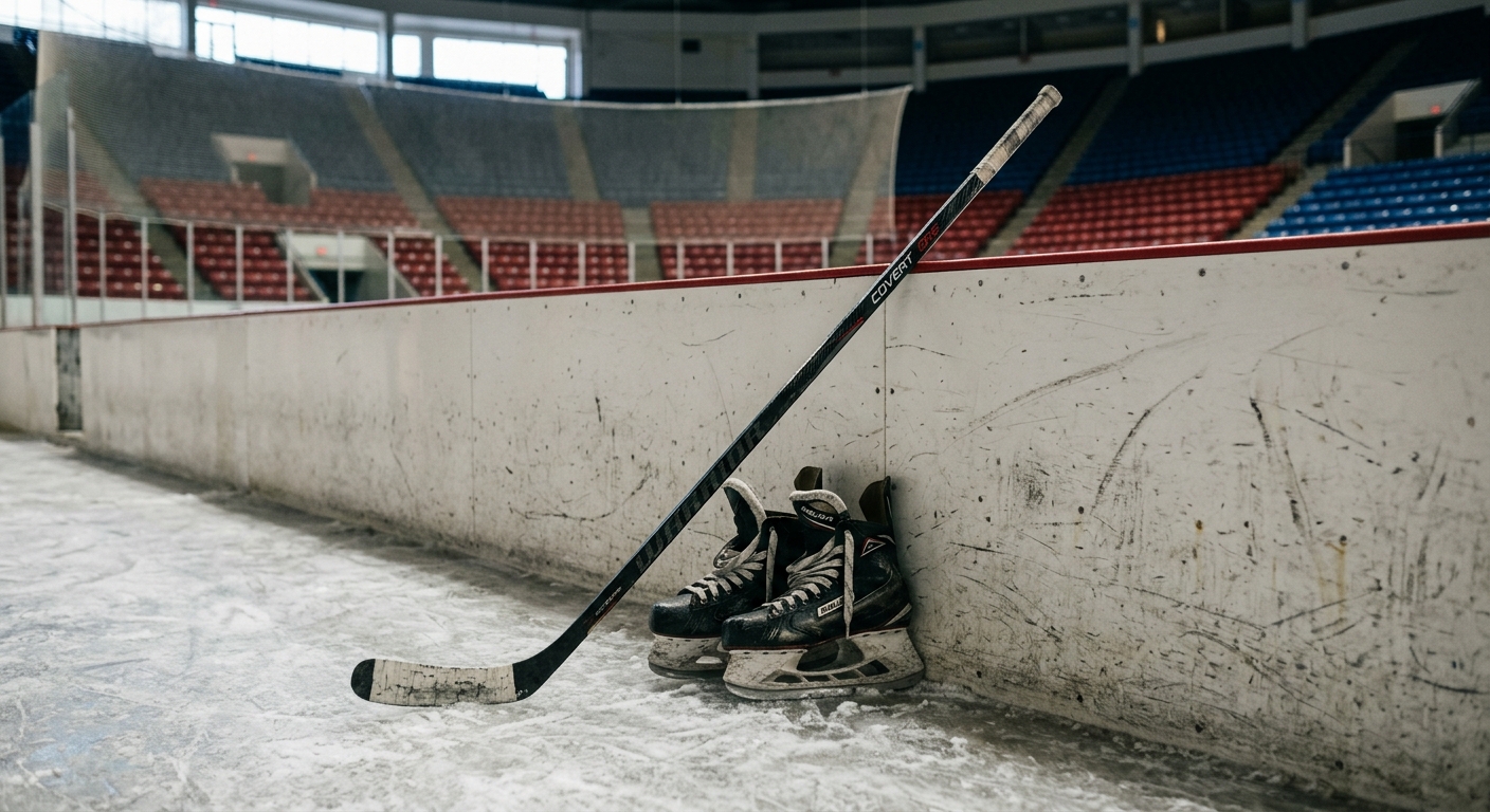 ice hockey skates and a composite stick resting against the scuffed white boards of an empty indoor ice rink, blurred red and blue arena seating in the backgrou