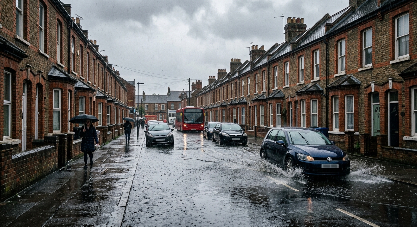 heavy rain falling on an urban street lined with classic brick row houses, cars navigating through deep pooled water on the asphalt, overcast sky, natural every