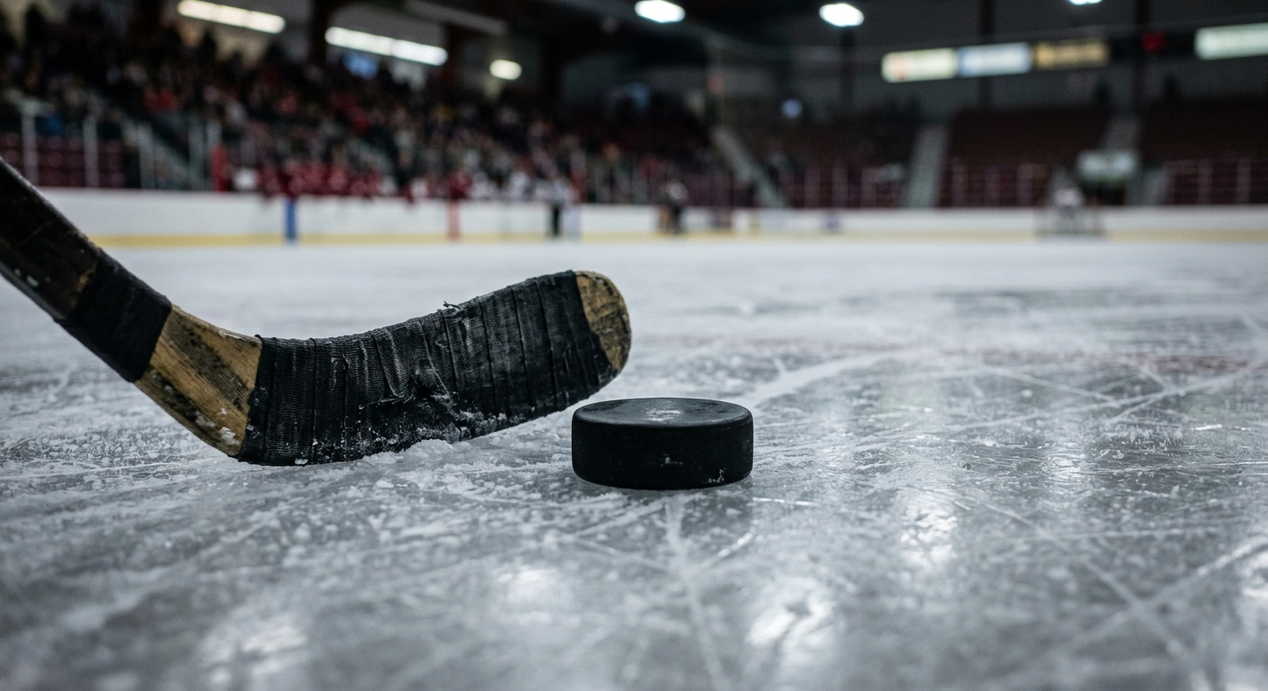 a close-up of a black hockey puck and the taped blade of a hockey stick on heavily scratched ice, with blurred arena seating in the background, capturing the at