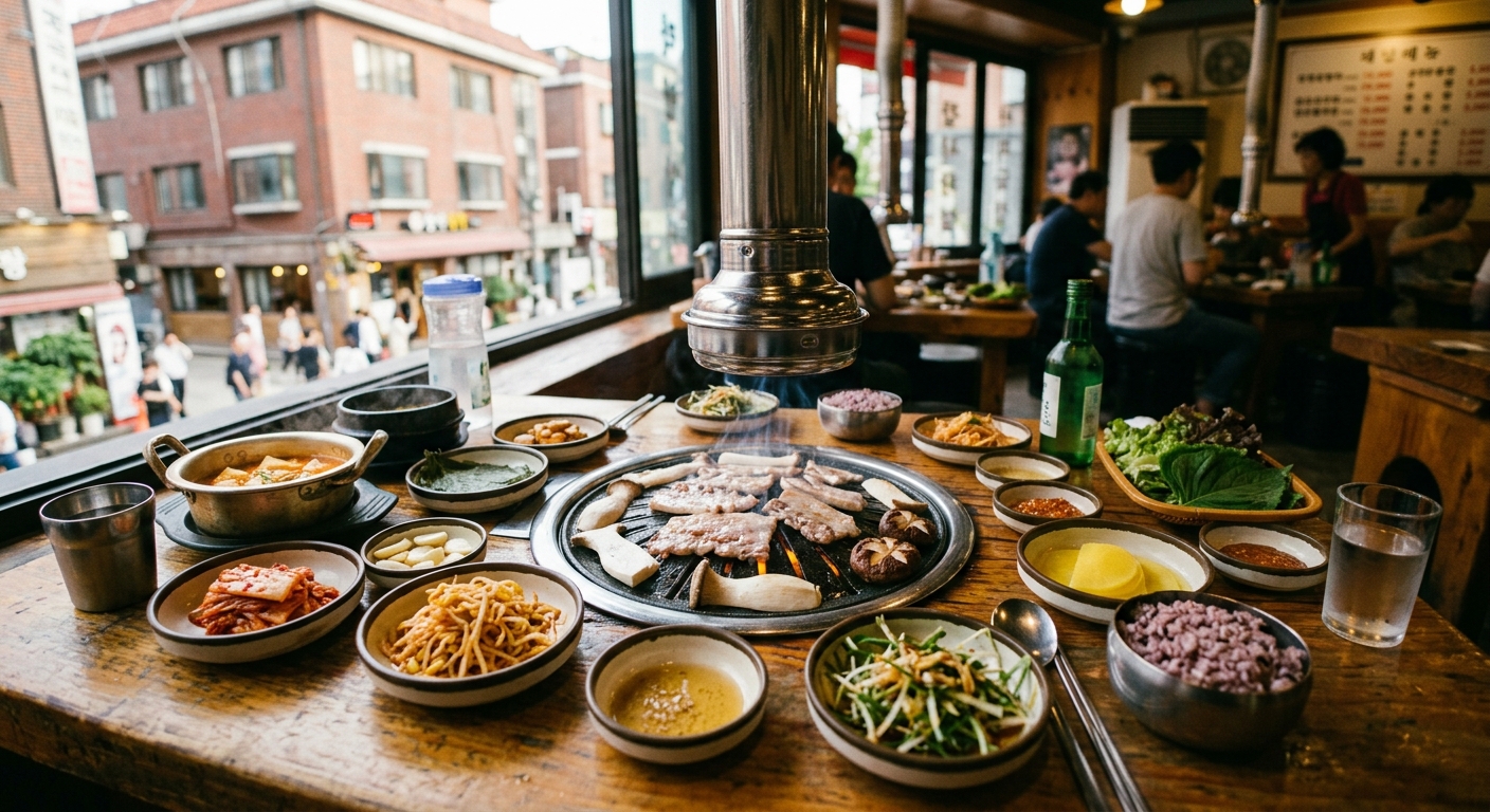 a tabletop spread of Korean barbecue and small side dishes on a wooden table inside a cozy urban restaurant, with a blurred window view of classic red-brick bui