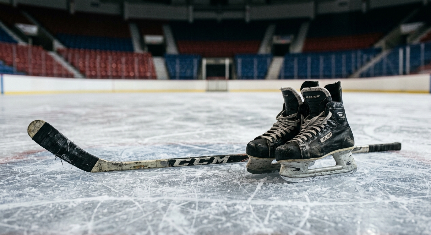 an ice hockey stick and a pair of worn black ice skates resting on the scuffed surface of an indoor hockey rink, with blurred empty arena seats in red and blue