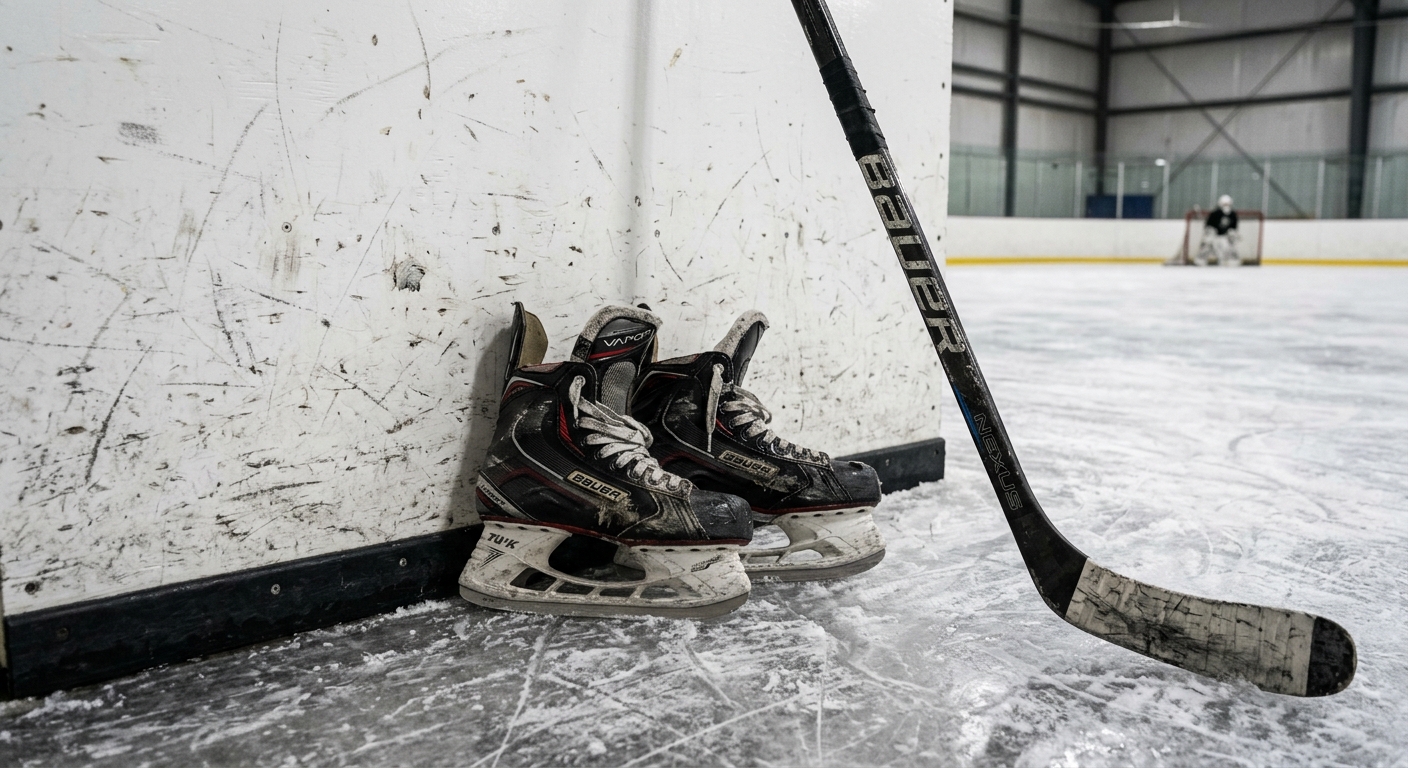 a pair of well-worn ice hockey skates and a composite stick resting against the scuffed white boards of an indoor ice rink, with the scratched ice surface visib