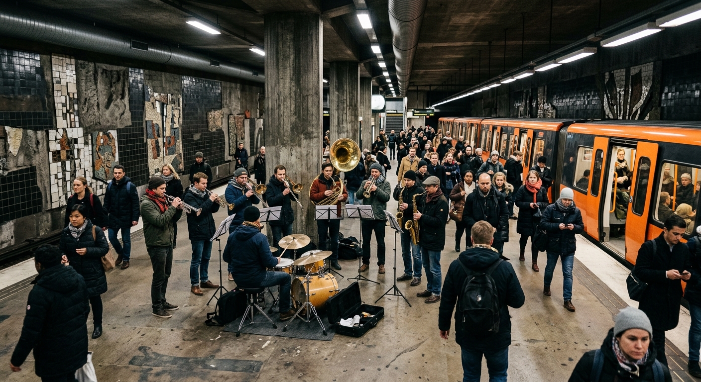 a brass band performing for a crowd of commuters on the platform of an underground subway station with distinctive mid-century brutalist concrete architecture a