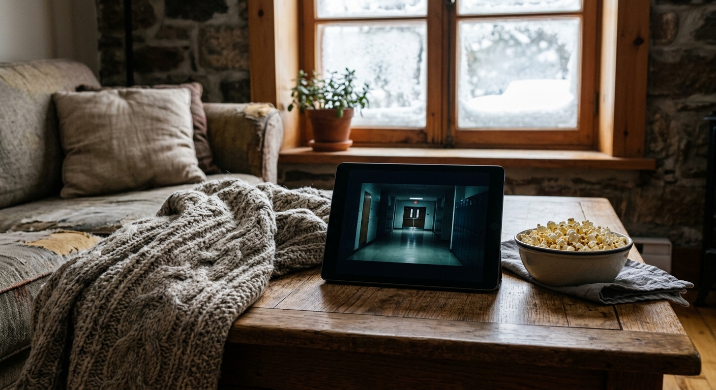 a glowing tablet computer resting on a wooden coffee table next to a bowl of popcorn and a thick knitted wool blanket in a cozy living room with a frost-covered
