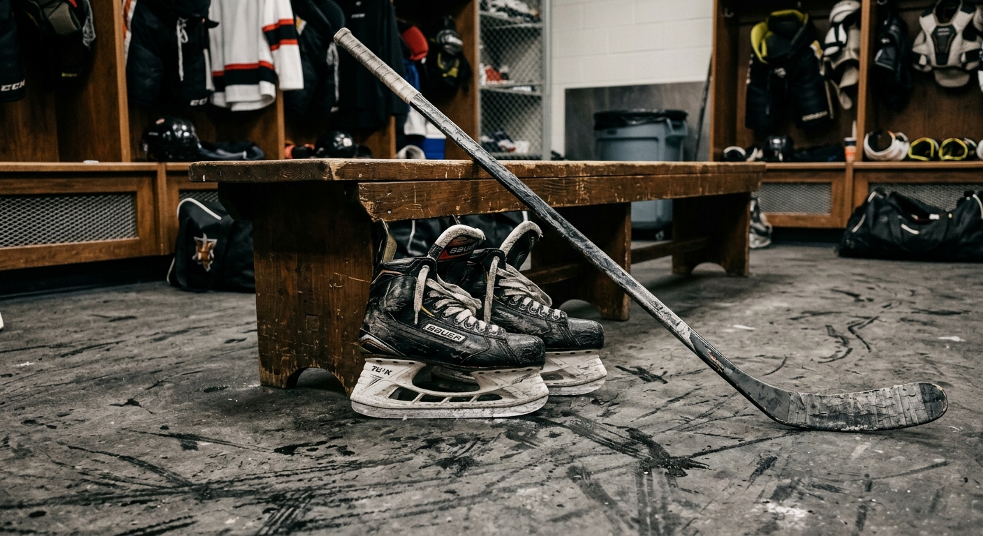 a pair of well-worn ice hockey skates and a composite hockey stick resting against a wooden bench inside a professional locker room, scuff marks on the floor, n