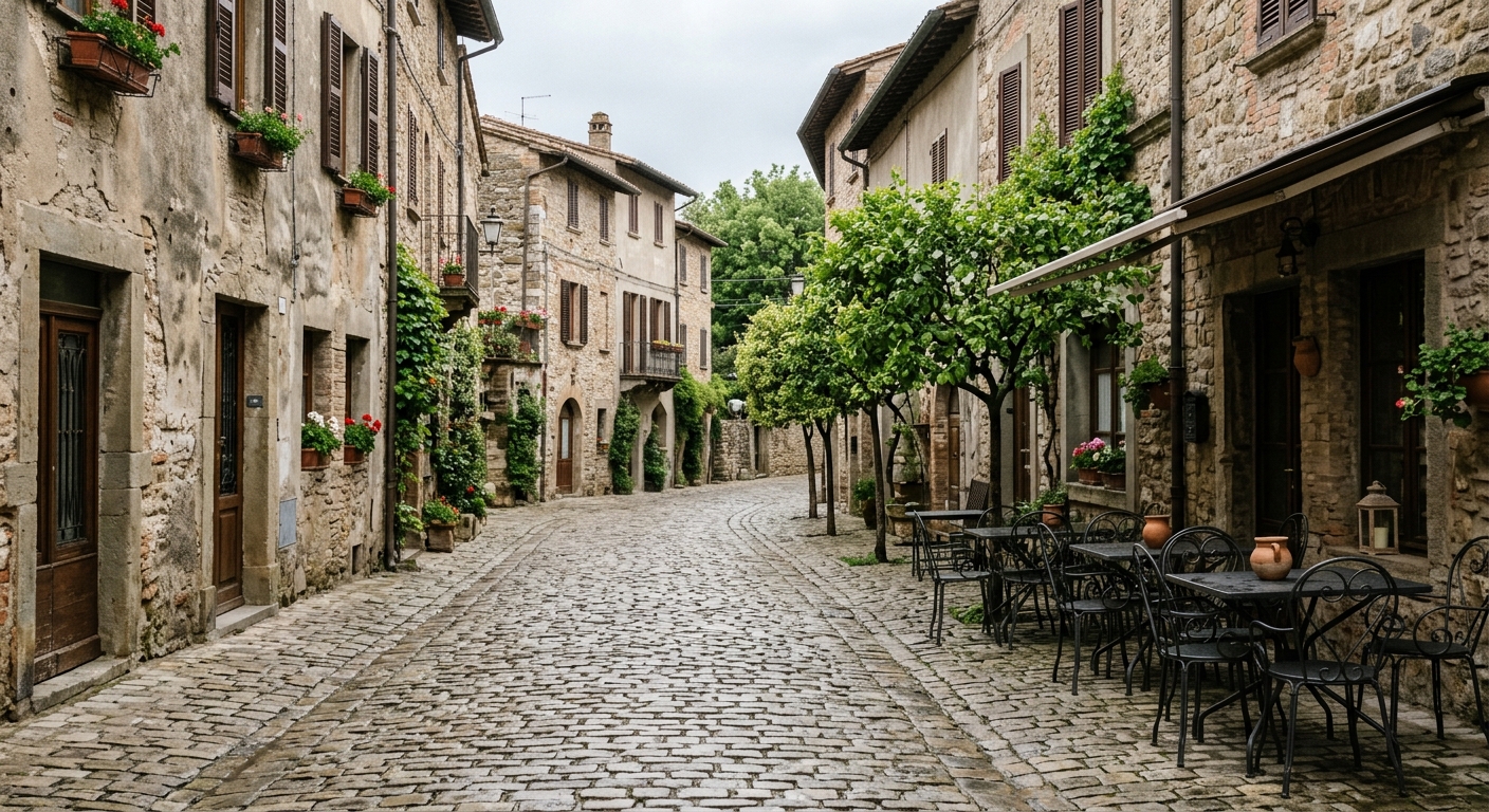 a peaceful cobblestone street lined with historic stone buildings, small leafy trees, and empty outdoor cafe seating under overcast skies, natural everyday ligh