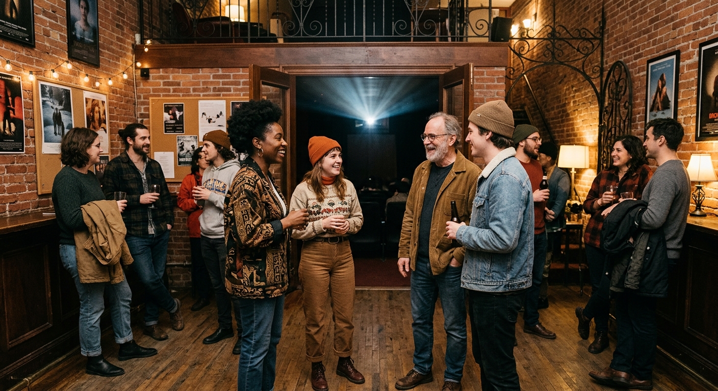 a diverse group of attendees gathered in the lobby of a Montreal independent cinema, chatting warmly before a film screening