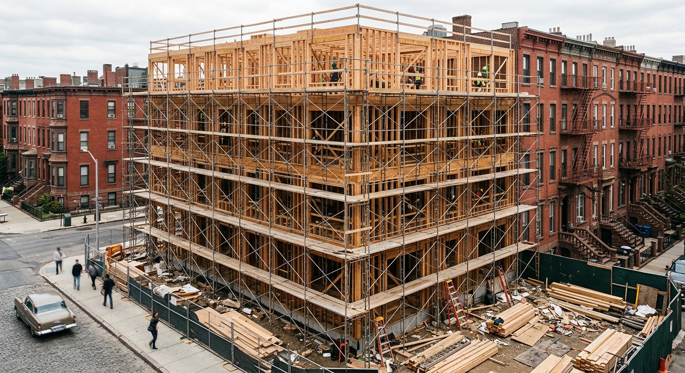 a multi-story residential building under construction with wooden framing and exterior scaffolding, located in an urban neighborhood with traditional red brick