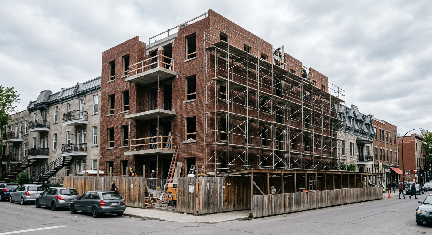 a multi-story brick apartment building under construction, featuring scaffolding and wooden construction fencing at street level, situated in an older urban nei