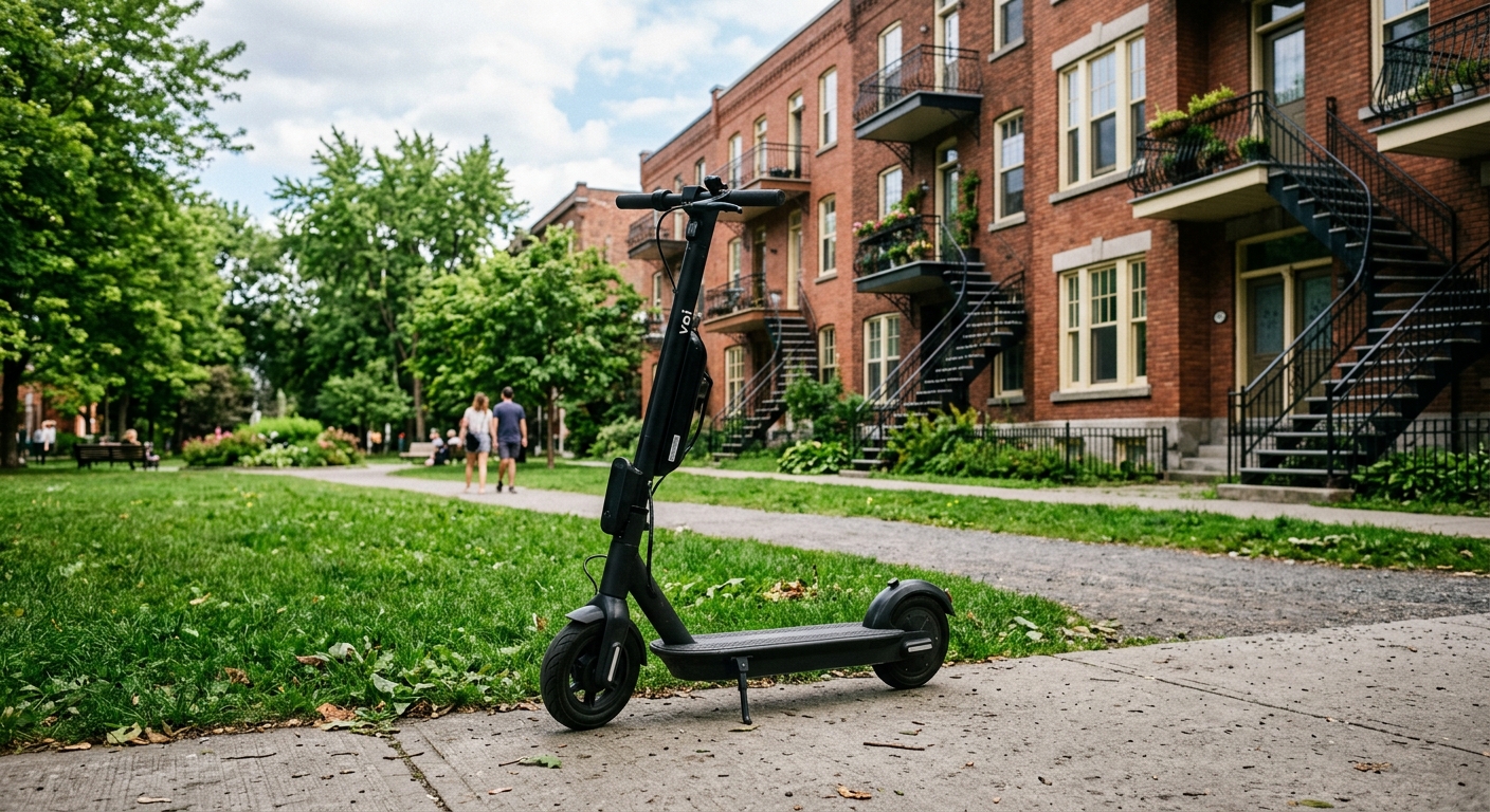 a black electric scooter standing on a concrete sidewalk at the edge of a green public park, with classic red brick residential buildings featuring wrought iron