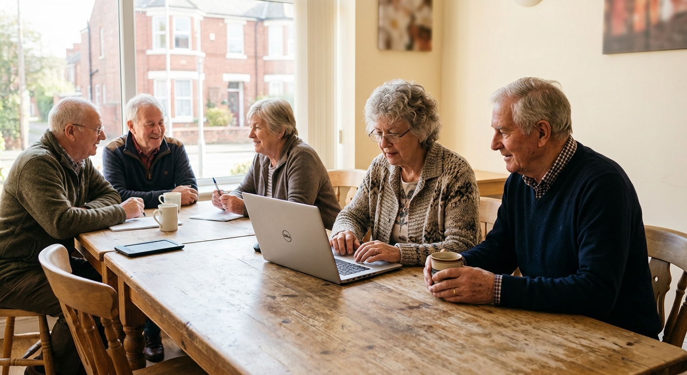 a group of elderly residents gathered around a wooden table in a bright community center room, one older woman is practicing on a laptop while an older man next