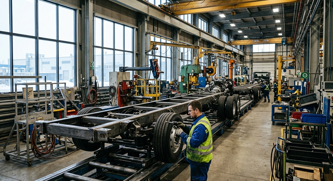 a partially assembled commercial coach bus chassis on an active factory assembly line, surrounded by heavy machinery and industrial tools, with a manufacturing