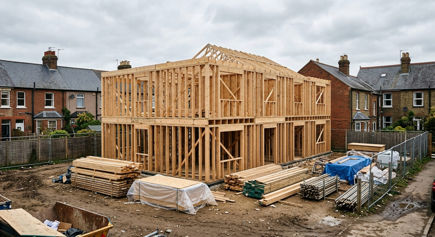 a partially constructed multi-unit residential building with exposed wooden framing, sitting idle next to stacks of lumber and construction materials, with trad