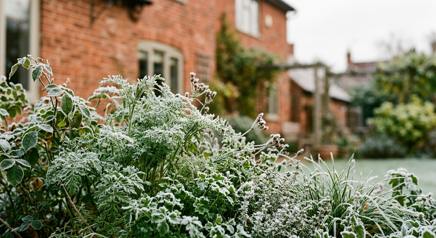 delicate green garden plants covered in a thin layer of morning frost in a residential backyard, with soft out-of-focus red brick architecture in the background