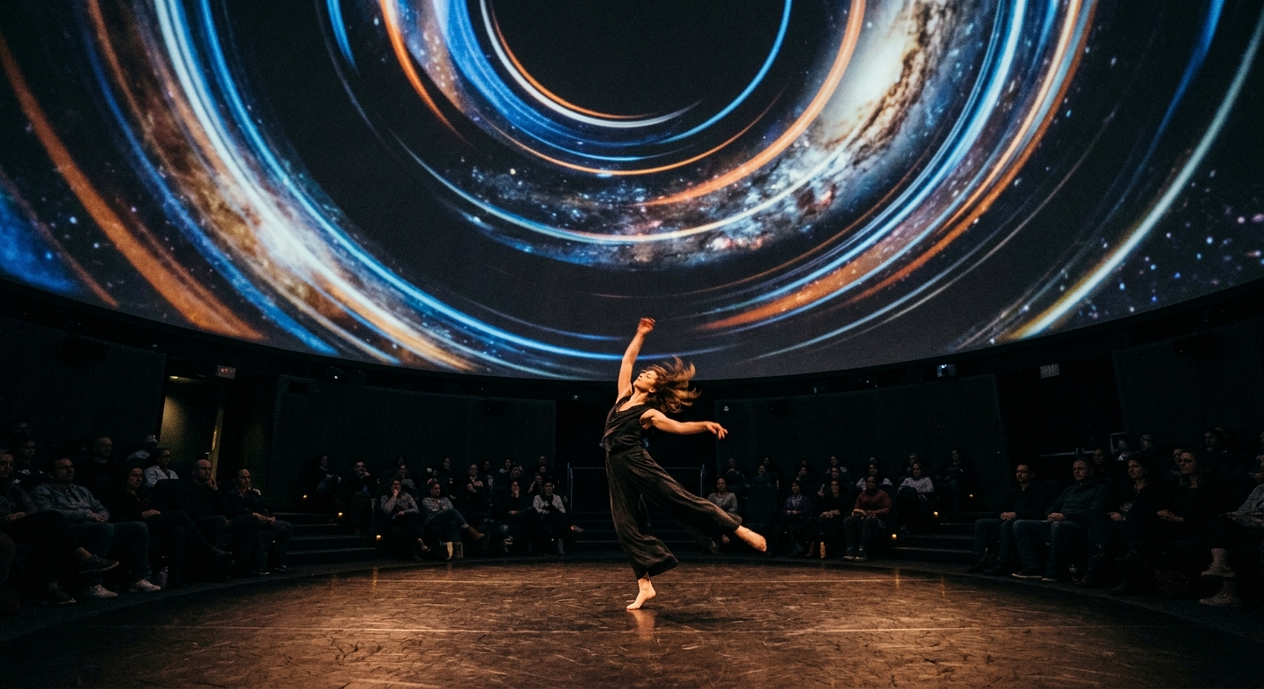a contemporary planetarium dome interior during a multimedia dance performance, featuring abstract circular light projections sweeping across the curved ceiling