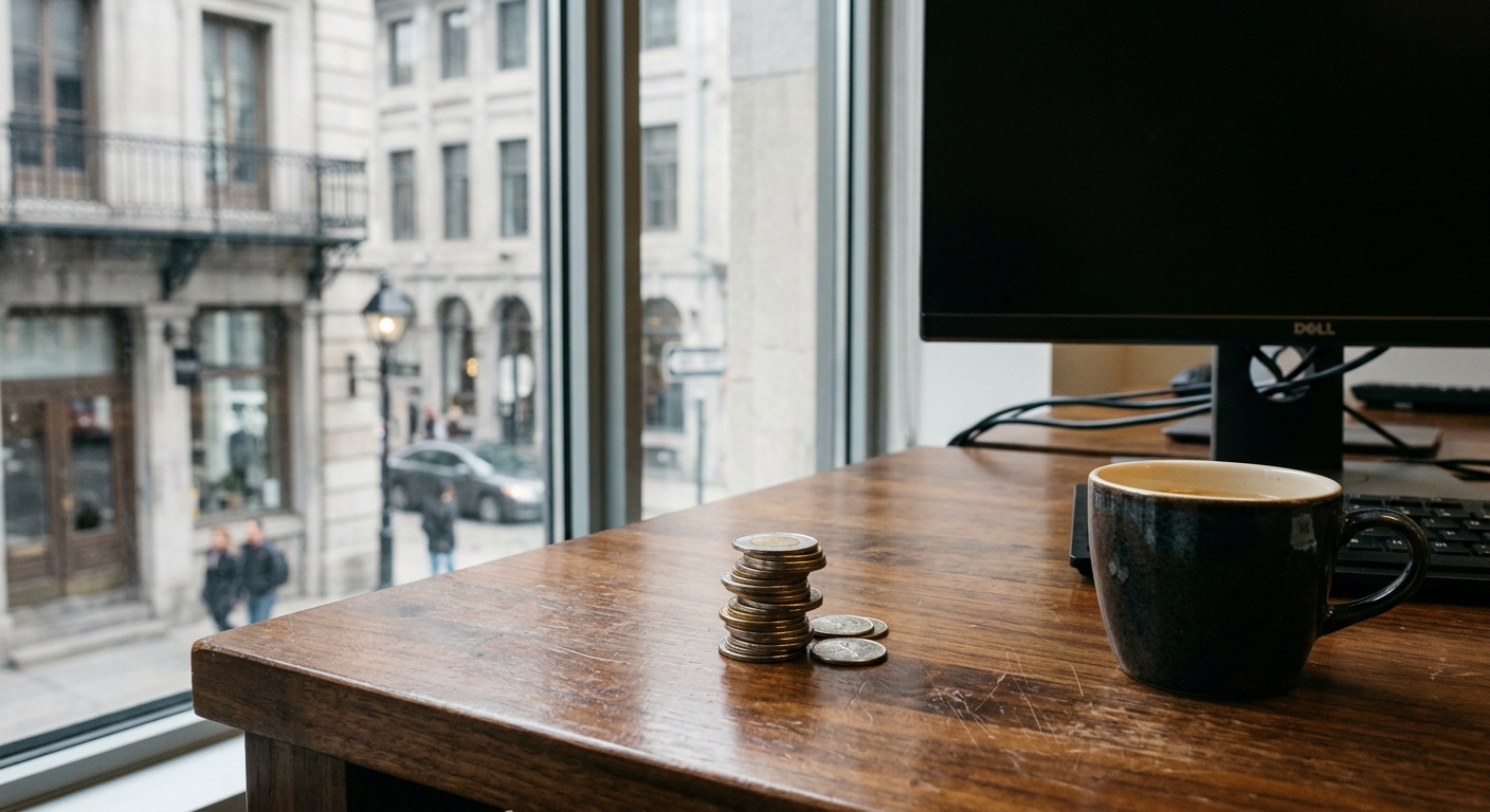 a small, uneven stack of metallic coins on a polished wooden desk, next to a ceramic coffee mug and a dark computer monitor, with a soft-focus background showin