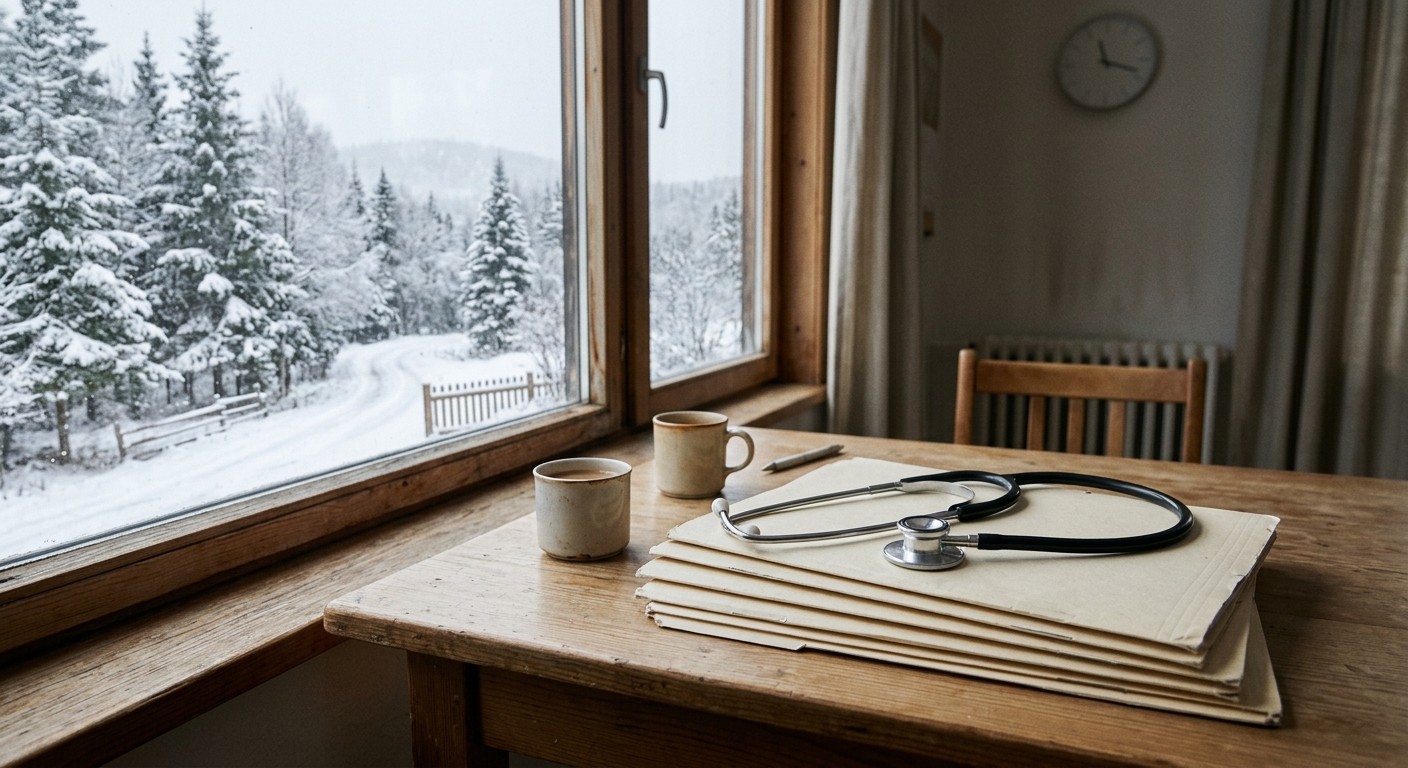 a stethoscope resting on a stack of blank medical folders on a simple desk near a window looking out at snowy pine trees, representing a rural healthcare clinic