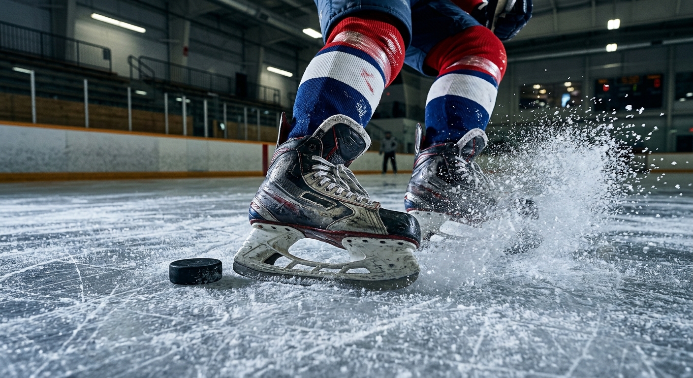 a pair of worn hockey skates stopping sharply on a scratched ice rink, sending a spray of crushed ice into the air near a black puck, viewed from ice level insi