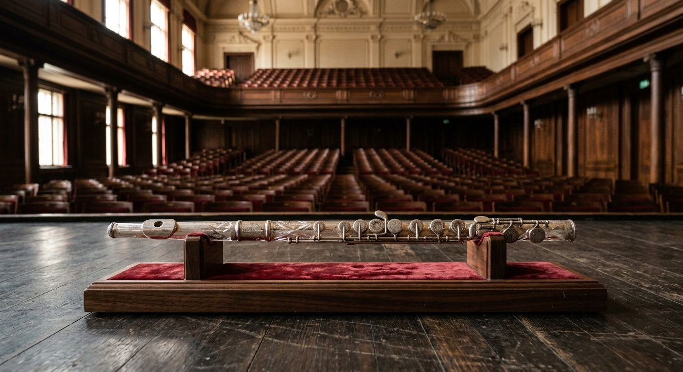 an antique crystal flute resting on a velvet-lined wooden stand on a stage inside a wood-paneled classical performance hall, empty seating visible in the soft b