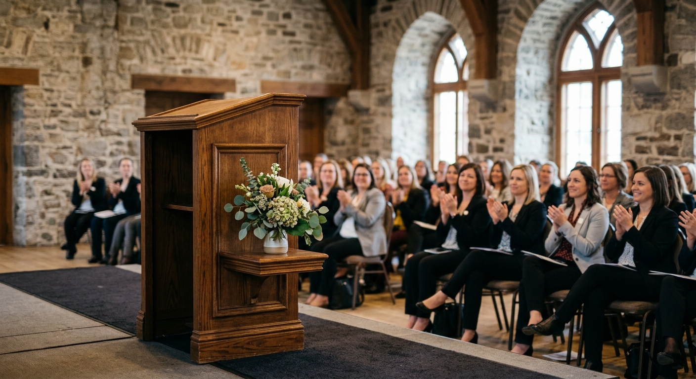 a wooden podium adorned with a small floral arrangement at a daytime civic awards ceremony, with a softly blurred background showing an audience of women in pro