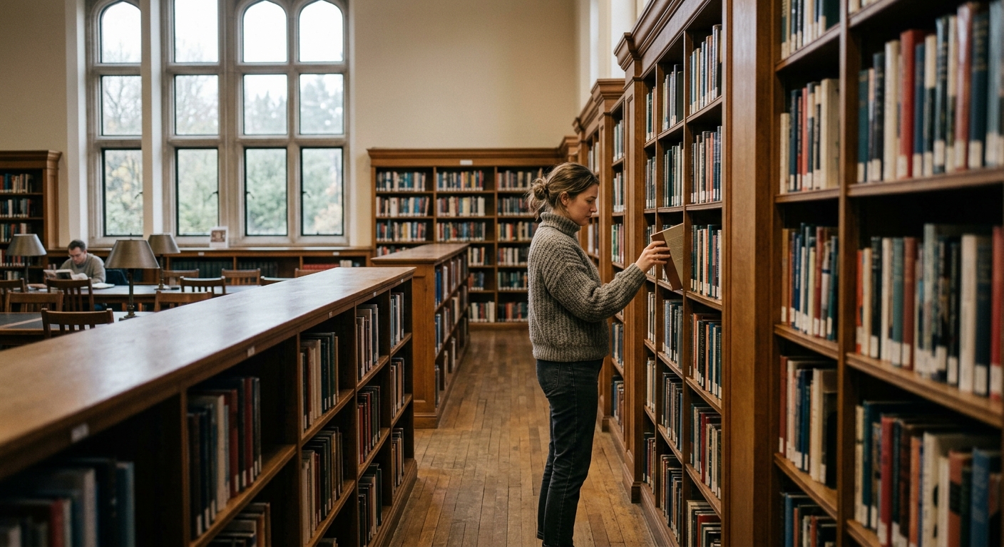 the interior of a public library featuring rows of wooden bookshelves, a person wearing a warm sweater quietly browsing the aisles, large windows letting in ove