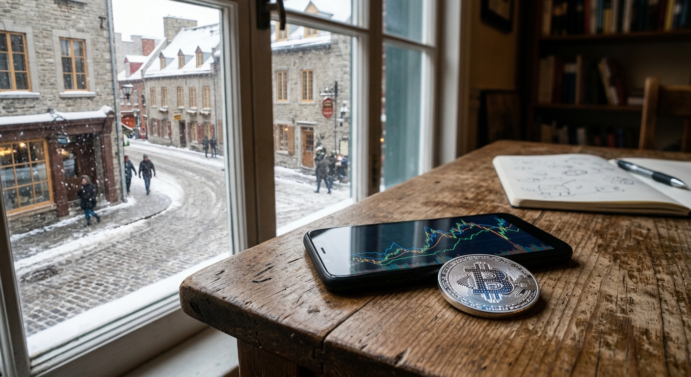a smartphone showing an abstract financial line graph and a silver digital currency token on a wooden desk near a window overlooking a snowy cobblestone street