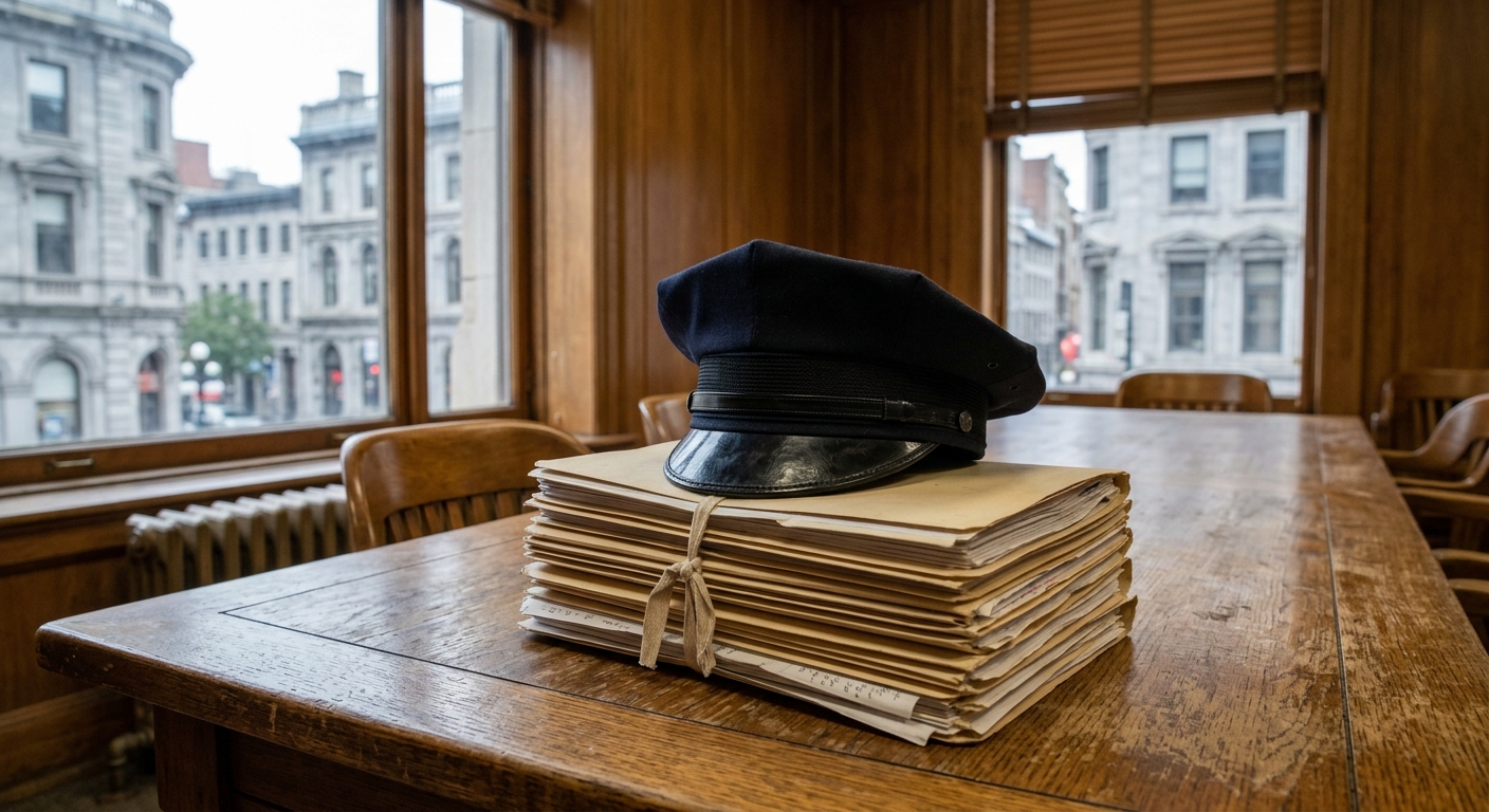 a dark blue police cap resting on a stack of manila folders on a large wooden conference table inside a municipal meeting room, with classic grey-stone city arc