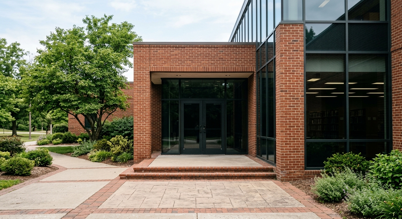 the exterior entrance to a municipal library building with closed glass doors, an empty paved walkway, and a darkened interior, featuring a mix of traditional b