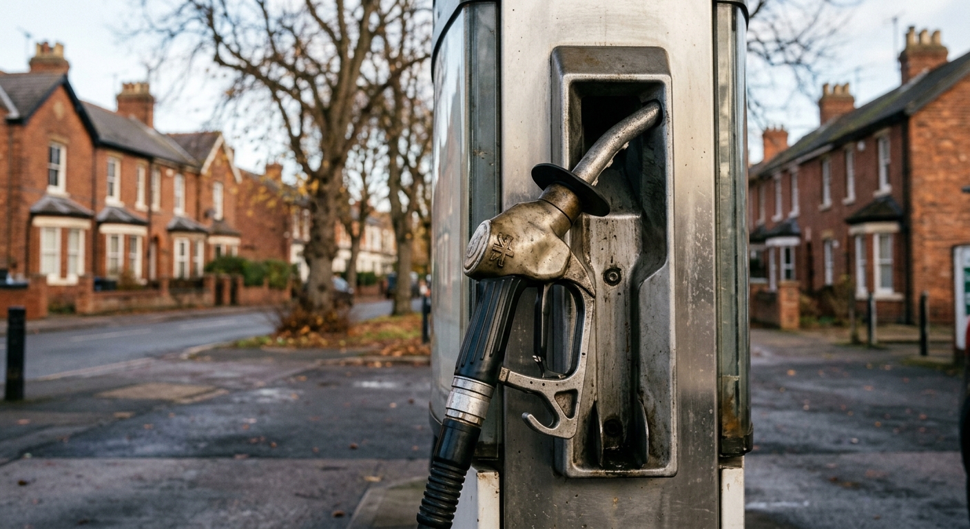 a close-up of a standard fuel pump nozzle resting in its metal holster at an outdoor gas station, with a softly blurred background showing traditional brick tow