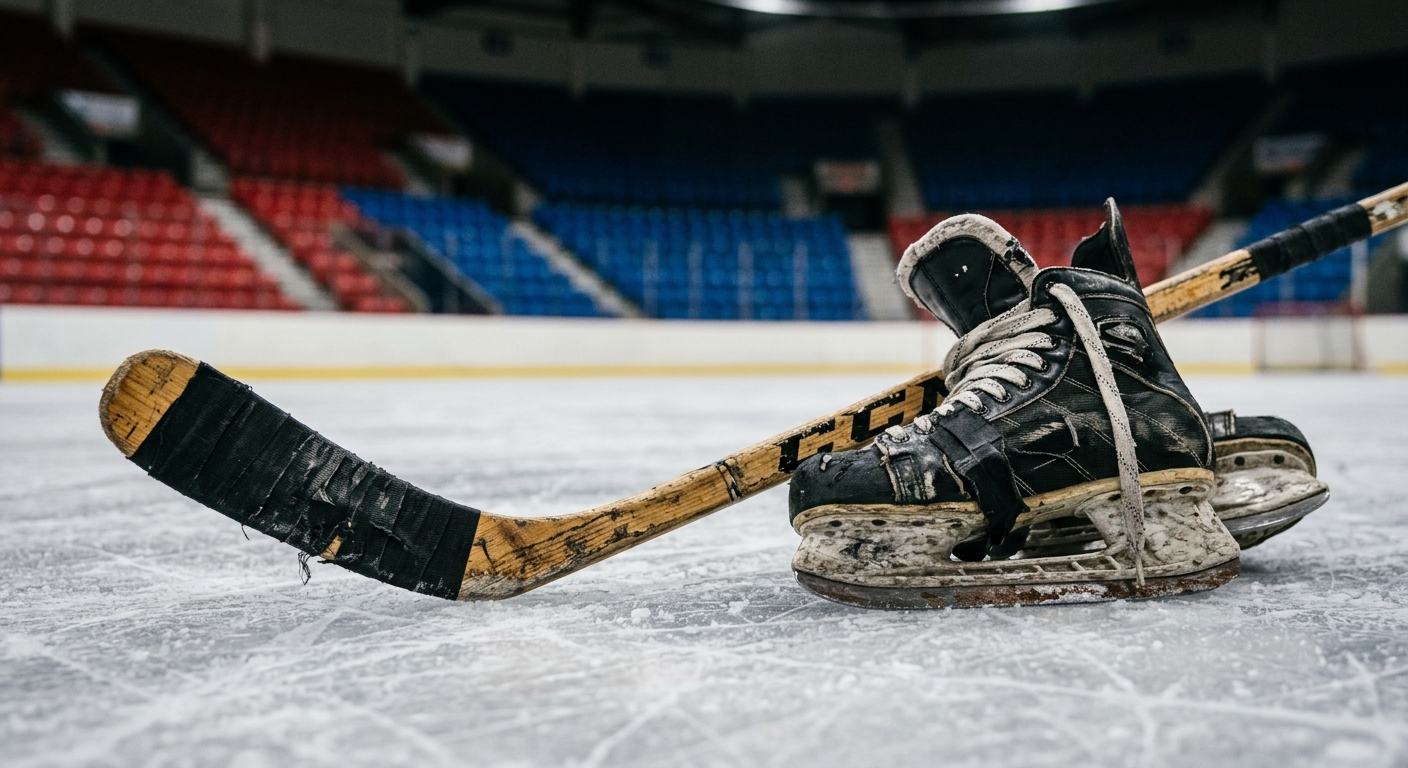 a close-up of a well-worn hockey stick and a pair of ice skates resting on scuffed ice inside an empty indoor hockey arena, with blurred red and blue seating in