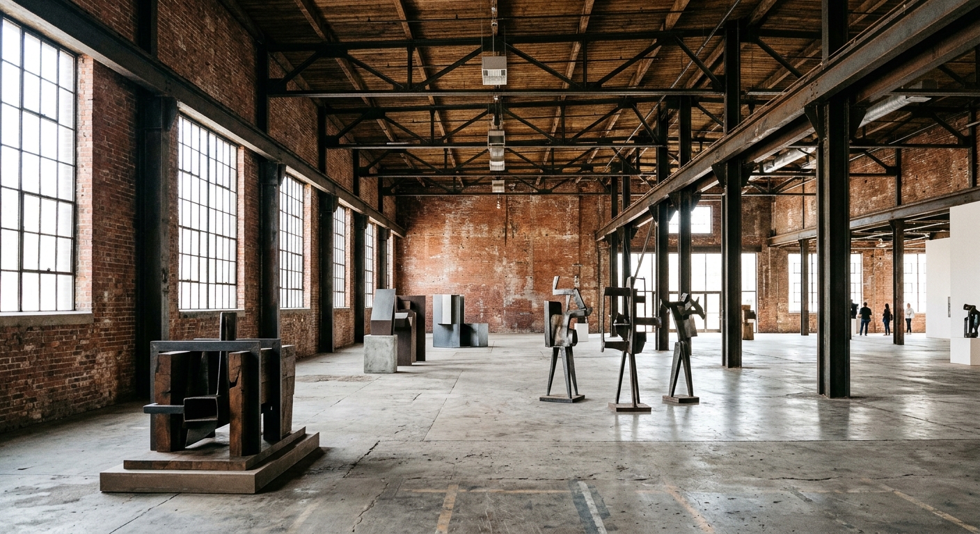 the interior of an old industrial warehouse converted into an open art gallery, featuring exposed red brick walls, steel beams, large multi-pane windows, and a