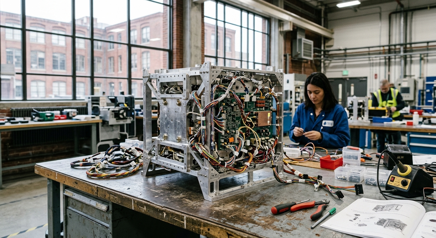 a partially assembled metal satellite component with intricate wiring and circuit boards resting on a heavy metal workbench inside a spacious industrial enginee