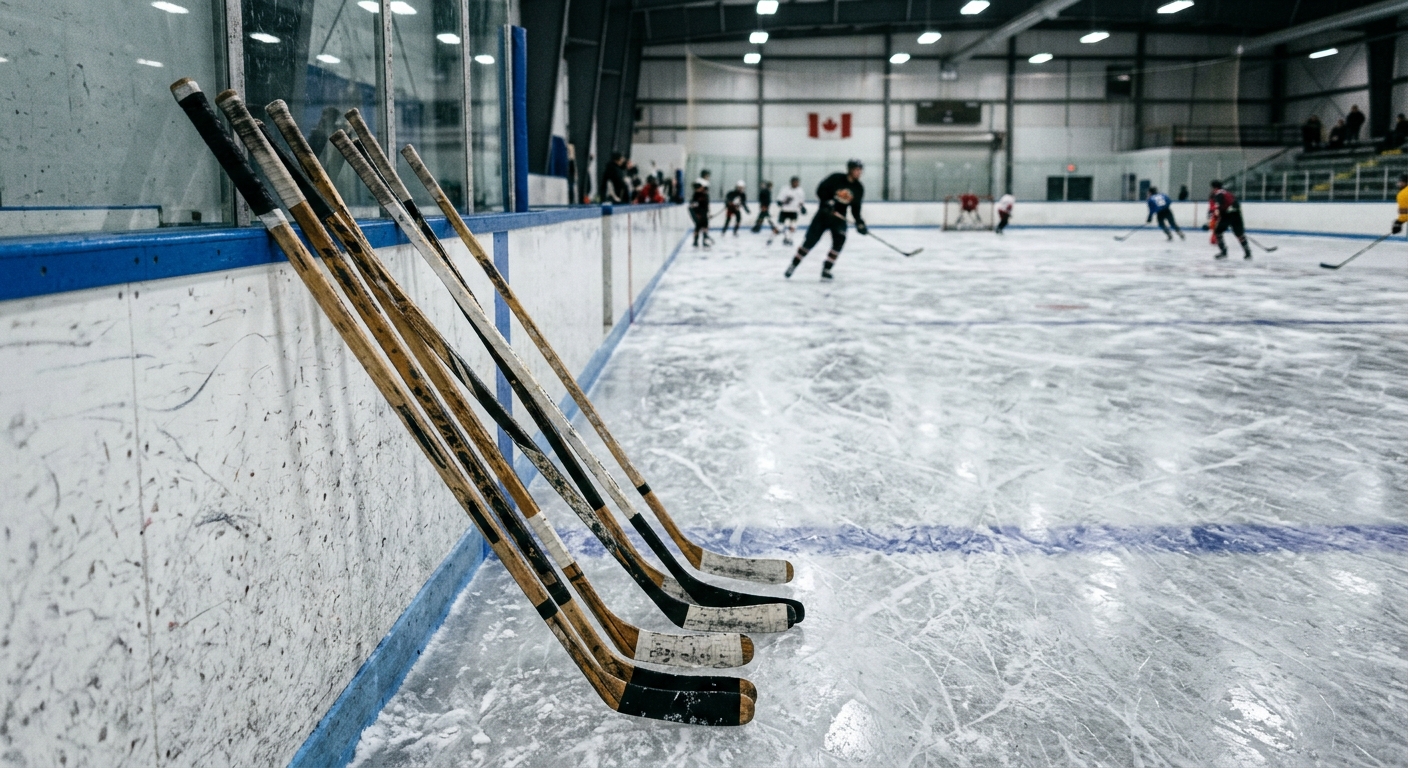 well-used hockey sticks resting against the fiberglass boards of a cold indoor ice rink, scuffed ice in the background reflecting a local Canadian sports arena,