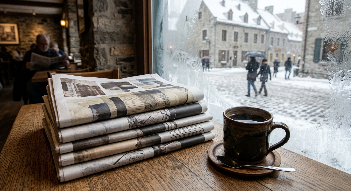 a stack of folded broadsheet news publications displaying abstract image layouts alongside a ceramic cup of dark coffee on a wooden table inside a local cafe, w