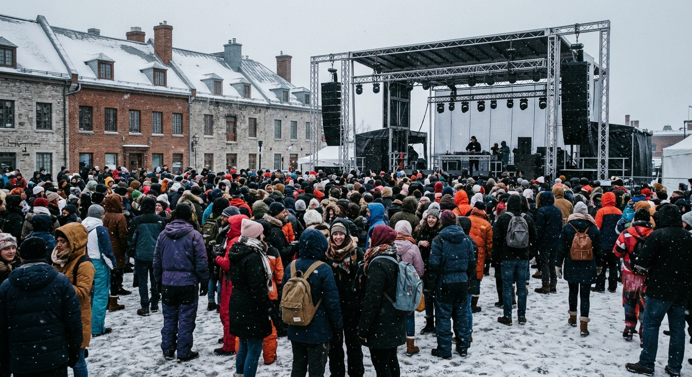 a large crowd of people bundled up in heavy snowsuits, parkas, and tuques gathering in a snowy outdoor plaza for a winter music festival, a DJ stage with scaffo