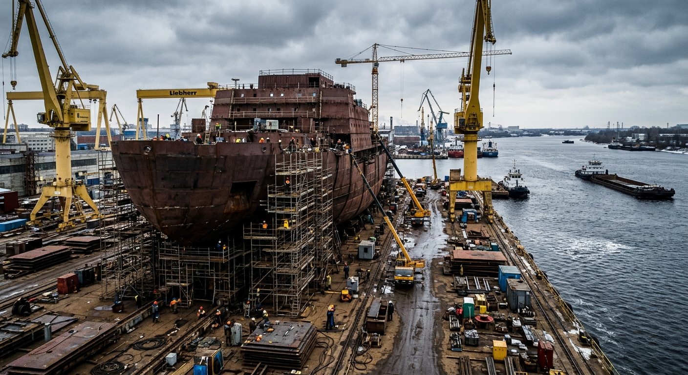 a massive steel hull of an icebreaker ship under construction in a large maritime shipyard, surrounded by heavy yellow cranes, scaffolding, and industrial equip