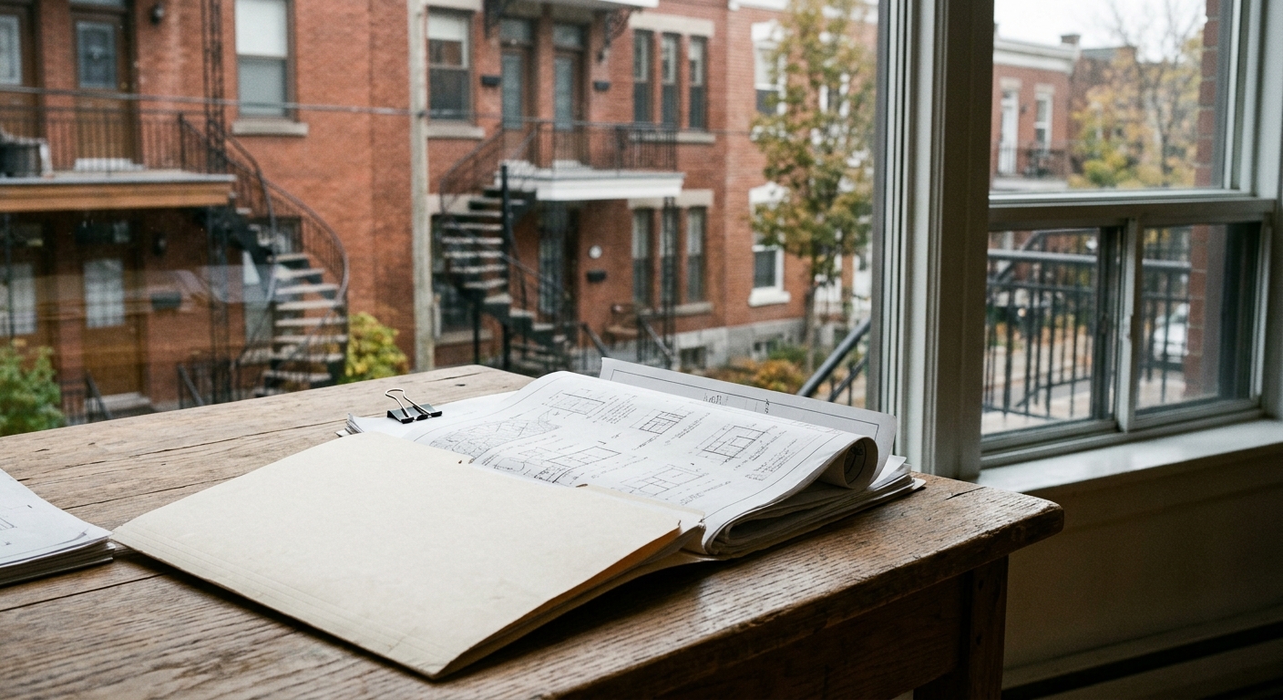 a folder of architectural blueprints and urban development plans resting on a wooden table, with a soft-focus view of classic residential brick triplexes featur