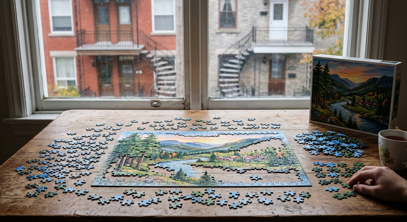 a partially assembled jigsaw puzzle featuring painted landscape artwork on a wooden table, scattered puzzle pieces, a blurred window in the background showing c