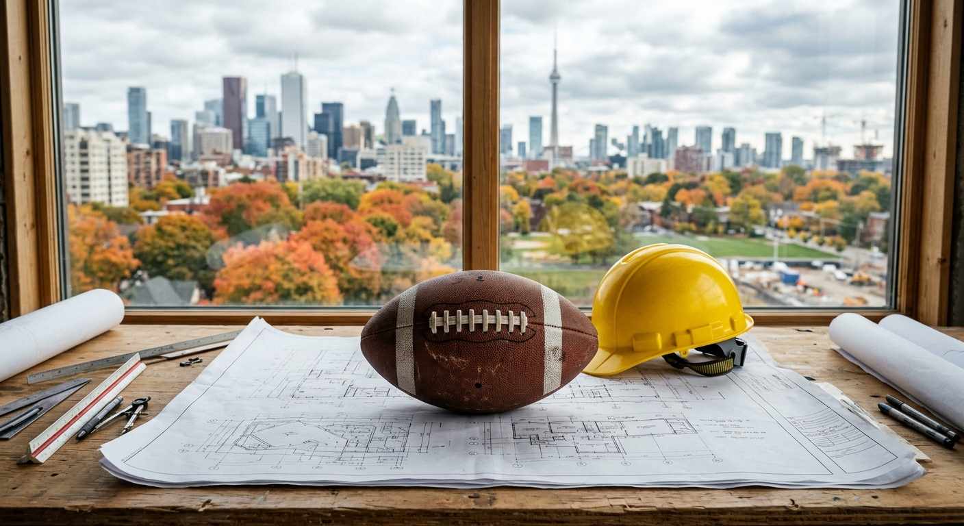 a brown leather football resting on top of unfolded architectural stadium blueprints and a yellow hard hat on a wooden desk, overlooking a window view of a Cana