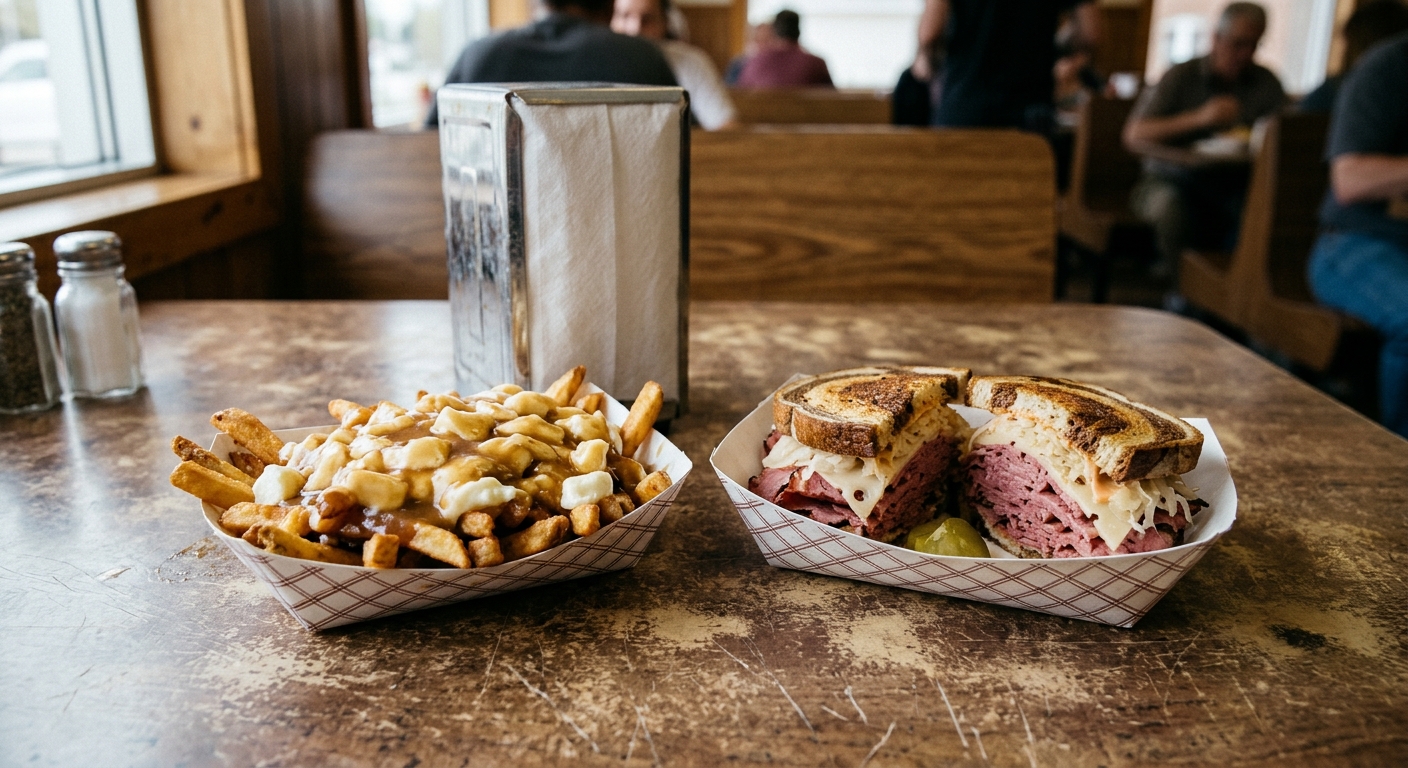 a casual meal consisting of french fries covered in thick gravy and cheese curds alongside a classic deli sandwich, sitting in simple paper food boats on a worn