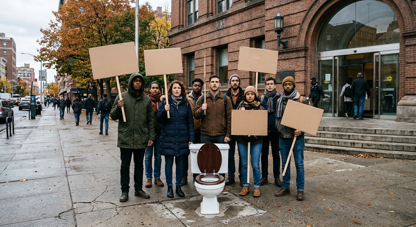 a group of protesters in autumn jackets standing on a grey urban sidewalk holding blank cardboard signs, with a freestanding white porcelain toilet placed on th