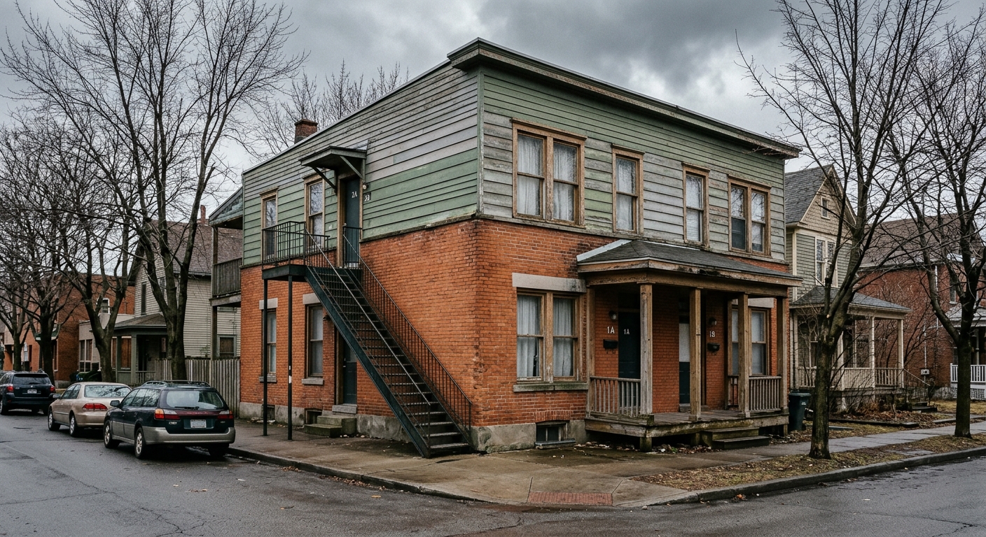 a modest, multi-unit residential brick and siding building on a quiet city street featuring an exterior metal staircase, a weathered wooden front porch, and bar